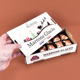 Coffret en bois avec assortiment de 8 décorations en forme de marrons