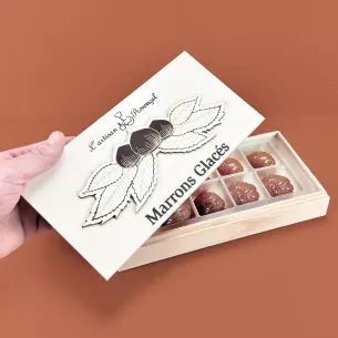 Coffret en bois 10 marrons glacés entiers thème châtaignier